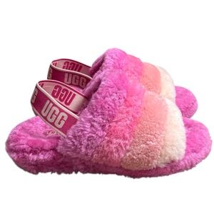 UGG “Fluff Yeah Slingback Slippers in Pride Pink Rainbow Size 8 — GORGEOUS!!!
